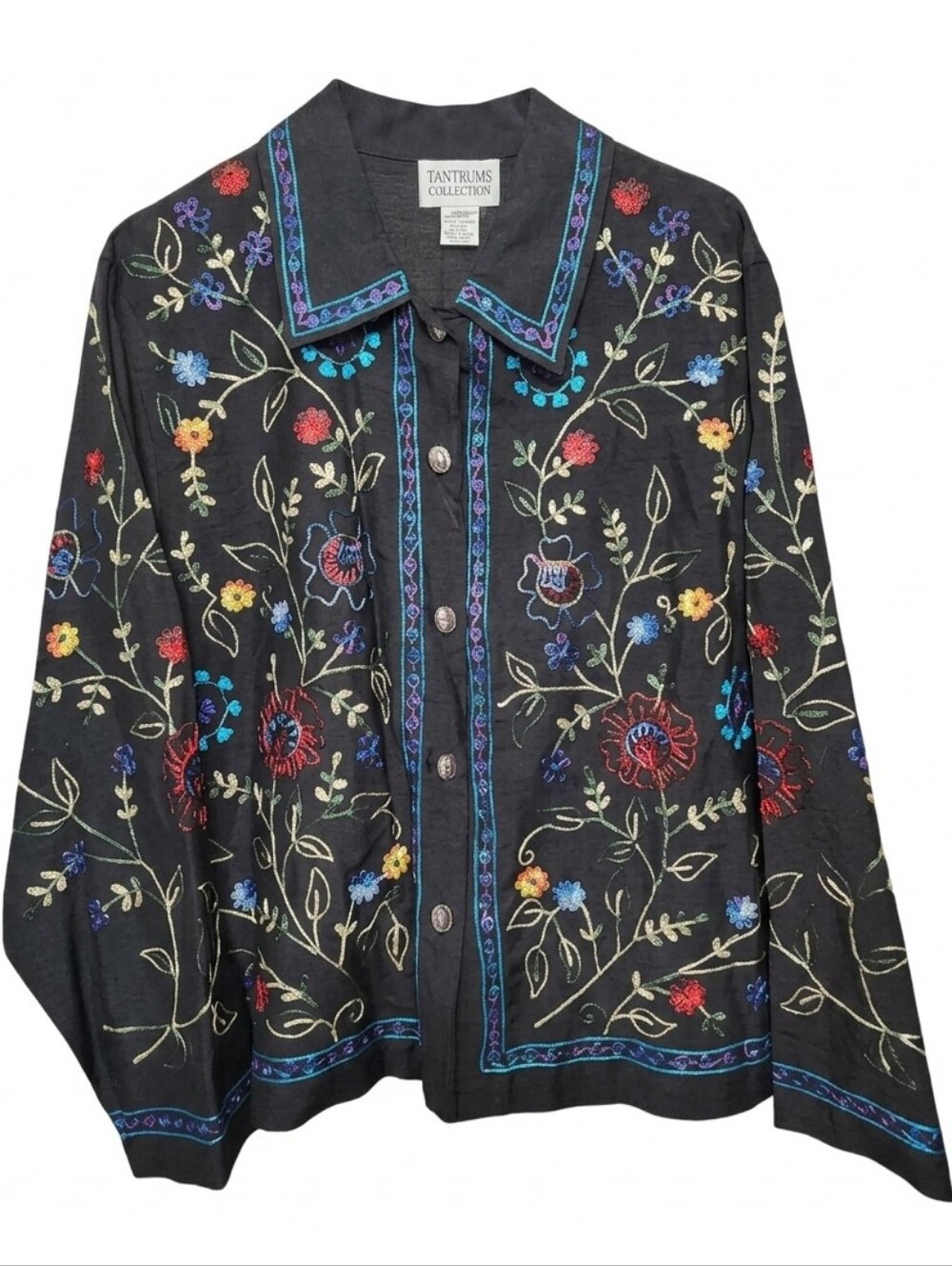 TANTRUMS COLLECTION Vintage Silk Blend Embroidered Jacket Black Floral Sz PL